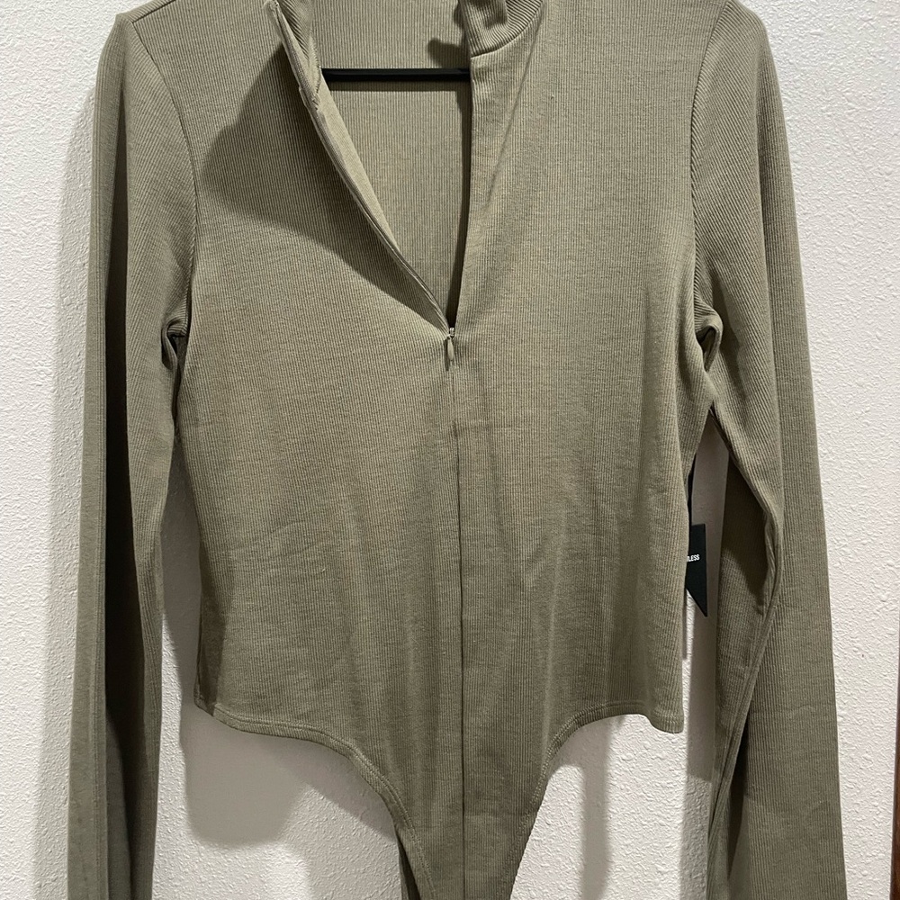 TALENTLESS Olive Ribbed Long-Sleeve Zip-Up Bodysuit